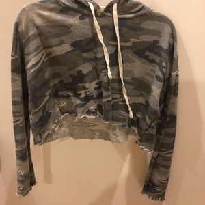 Distressed style crop camo hooded sweatshirt